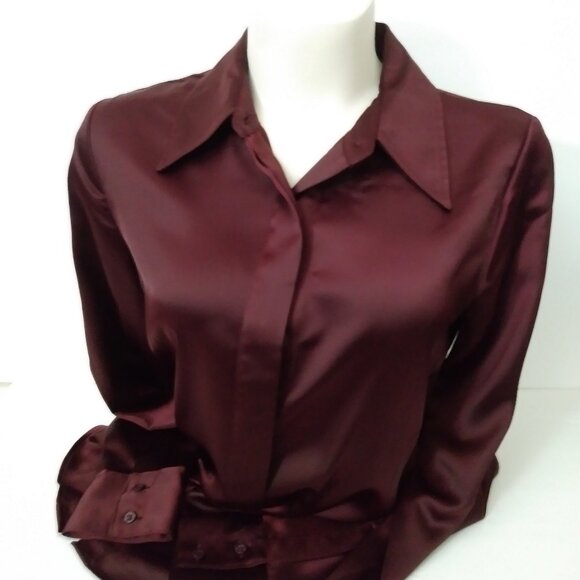 Worthington Satin Burgundy Small Long Sleeve Blouse - Picture 7 of 11